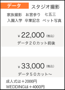 スタジオ撮影　データ20カット前後　22,000円（税込）
